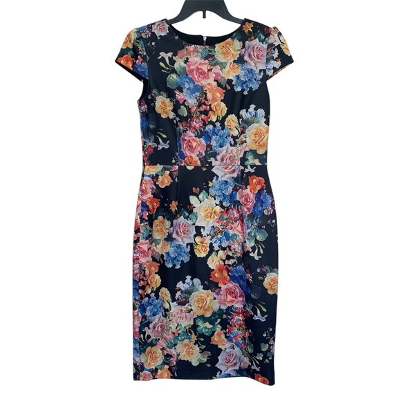 Betsey Johnson Black A-Line Dress Womens 8 Short Sleeves Black Floral Garden - Picture 1 of 10